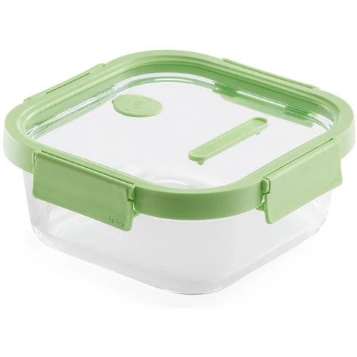 Lékué Glass Container Square hőálló üveg ételtároló doboz szivárgásmentes és gőzszelepes üvegfedővel, négyzetes, 1100ml, dátumjelölő, halmozható, áttetsző/zöld - 884023