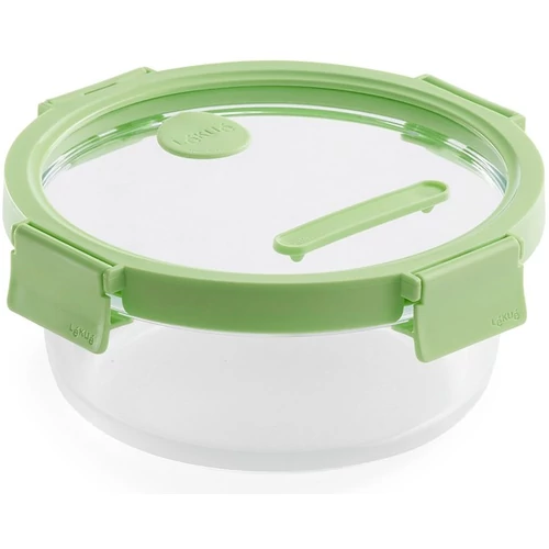 Lékué Glass Container Round hőálló üveg ételtároló doboz szivárgásmentes és gőzszelepes üvegfedővel, kerek, 950ml, dátumjelölő, halmozható, áttetsző/zöld - 884085