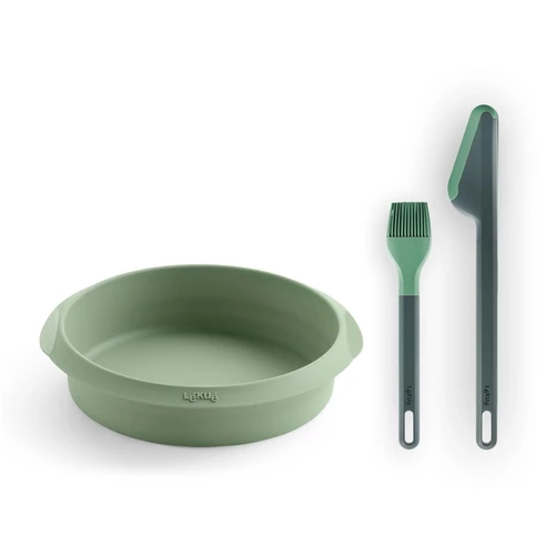 Lékué Air Fryer Essential Kit kezdő szett, 1db sütőforma D=200mm forrólevegős sütőbe + 1db ecset + 1db konyhai fogó, tapadásmentes, szilikon zöld - 887185