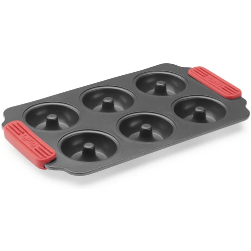 Lékué Non-Stick Doughnuts Mould tapadásmentes fánk sütőforma, 6db fánkhoz, acél, szilikon piros fogantyúk, szürke - 887284