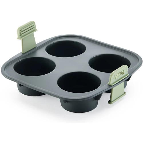 Lékué Air Fryer Muffins Mould 4db-os szilikon muffin sütőforma 5L+ Air Fryer forrólevegős sütőbe, 200x61x195mm, sötétszürke test, zöld szilikon fogantyú - 890246