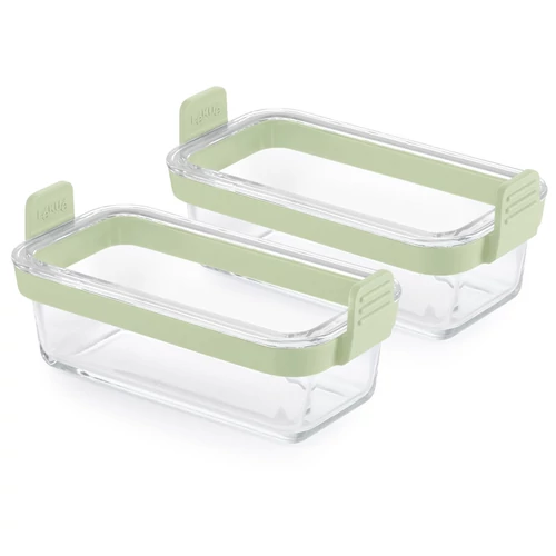 Lékué 2db-os téglalap üveg sütőforma szett 5L+ Air Fryer forrólevegős sütőbe, 200x90x95mm, boroszilikát üveg, zöld szilikon fogantyú - 890307