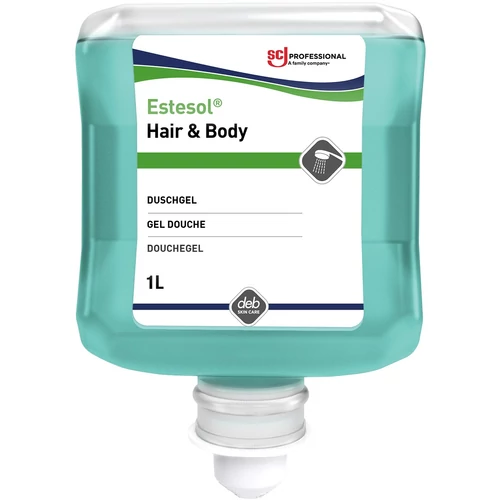 SCJP Estesol Hair &amp; Body tusfürdő, sampon és kézmosó gél, férfias frissítő és élénkítő esőerdő illatú, mentakék, Proline manuális adagolóhoz, 1L patron