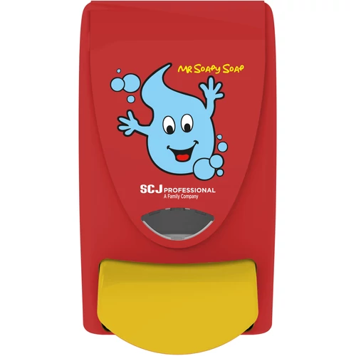 SCJP Proline nyomógombos szappanadagoló kézmosó patronokhoz Mr Soapy Soap grafikával óvodai és iskolai mosdókba, manuális, 1L, ABS műanyag, piros/citromsárga