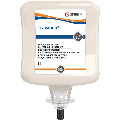 SCJP Protect Travabon kézkrém az olajok, zsírok és ragasztók megtapadása elleni kézmosást segítő összetevőkkel, enyhén illatosított, színezékmentes, szilikonmentes, Proline manuális adagolóhoz, 1L patron