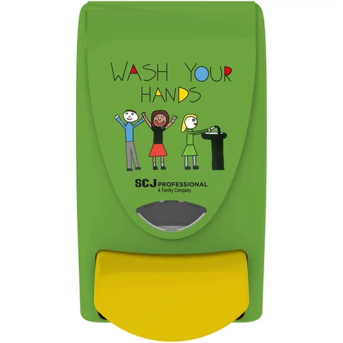 SCJP Proline nyomógombos szappanadagoló kézmosó patronokhoz Wash Your Hands grafikával óvodai és iskolai mosdókba, manuális, 1L, ABS műanyag, zöld/citromsárga