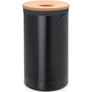 Kép 1/12 - Brabantia Laundry Bin szennyestartó szellőző nyílásokkal, tépőzáras, mosható szennyesgyűjtő zsák, henger forma, nagy méret 60L, parafa fedő, acél, matt fekete - 120022