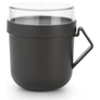 Kép 1/10 - Brabantia Make & Take Soup Mug leveses bögre, 600 ml, hőálló fogantyú, beépített gőzkieresztő szelep, felső tárolórekesz, szivárgás- és légmentes záródás, BPA mentes műanyag, sötétszürke - 203824
