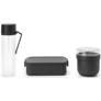 Kép 1/11 - Brabantia Make &amp; Take Breakfast and Lunch Set 3db-os szett, vizes palack + reggeliző tál + közepes méretű ételhordozó doboz, BPA mentes műanyag, sötétszürke - 206740