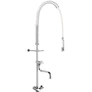 Kép 1/3 - DELABIE álló nagykonyhai mosogató csap lengő kifolyóval, r.m. acél rugóval megerősített antitorziós, fehér PVC tömlős elő-öblítő zuhannyal