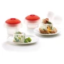 Kép 1/7 - Lékué Microwave Ovo Egg Cooker set of 2 szilikon tojásfőző forma szett mikrohullámú sütőbe, 2db-os, 1db tojáshoz - 0,1L kapacitás, négyzetes forma, áttetsző test, piros fedő - 882883