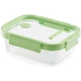 Kép 1/6 - Lékué Glass Container Rectangular hőálló üveg ételtároló doboz szivárgásmentes és gőzszelepes üvegfedővel, téglalap, 640ml, dátumjelölő, halmozható, áttetsző/zöld - 883880