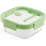 Kép 1/7 - Lékué Glass Container Square hőálló üveg ételtároló doboz szivárgásmentes és gőzszelepes üvegfedővel, négyzetes, 800ml, dátumjelölő, halmozható, áttetsző/zöld - 884009