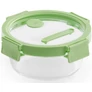 Kép 1/3 - Lékué Glass Container Round hőálló üveg ételtároló doboz szivárgásmentes és gőzszelepes üvegfedővel, kerek, 650ml, dátumjelölő, halmozható, áttetsző/zöld - 884061