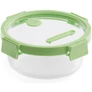 Kép 1/3 - Lékué Glass Container Round hőálló üveg ételtároló doboz szivárgásmentes és gőzszelepes üvegfedővel, kerek, 950ml, dátumjelölő, halmozható, áttetsző/zöld - 884085