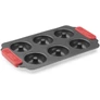 Kép 1/5 - Lékué Non-Stick Doughnuts Mould tapadásmentes fánk sütőforma, 6db fánkhoz, acél, szilikon piros fogantyúk, szürke - 887284
