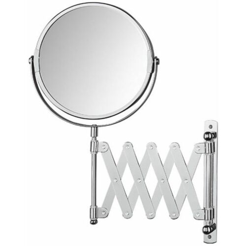 Szállodai kozmetikai pipere tükör 3x nagyítással, D=140mm kerek dönthető tükörrel, harmonika karral kihúzható, krómozott fényes r.m. acél test