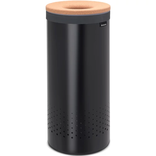 Brabantia Laundry Bin szennyestartó szellőző nyílásokkal, tépőzáras, mosható szennyesgyűjtő zsák, henger forma, közepes méret 35L, parafa fedő, acél, matt fekete - 120008