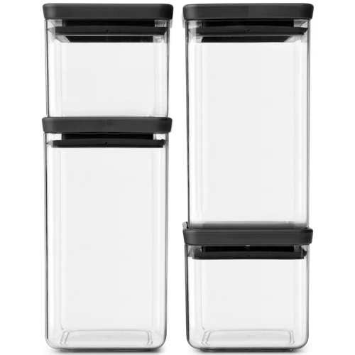 Brabantia tárolóedény készlet, 4db-os, 2x1,6L/2x0,7L, egymásra rakható, légmentes záródás, szögletes, sötétszürke, átlátszó műanyag tartály - 122422