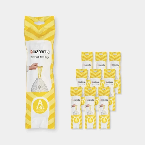 Brabantia PerfectFit szemeteszsák, A méret, 3-5L, Multipack 200 zsák, 10 tekercs, 20 zsák/tekercs