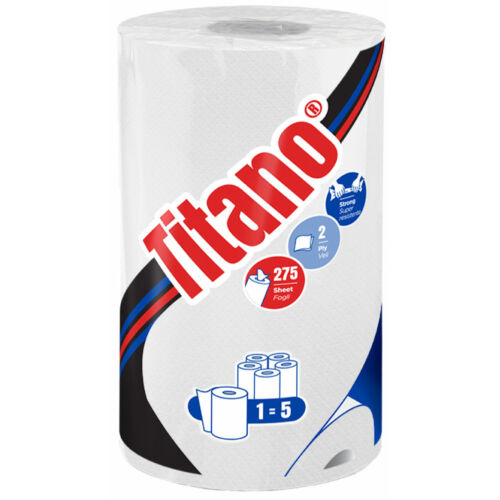 TITANO konyhai papírtörlő jó nedvszívó hatással, nem szöszöl, 2 rétegű, 100% cellulóz, hófehér, 66m/tekercs, 12tekercs/zsugor