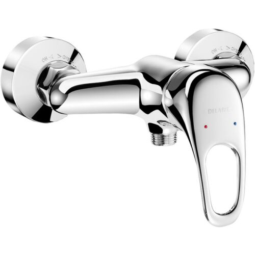 DELABIE SECURITHERM EP nyomáskiegyenlítős forrázásgátló kézi zuhanycsap lyukas karral, falon kívüli vízbekötés, STOP/CHECK takarótárcsákkal, 9L/p