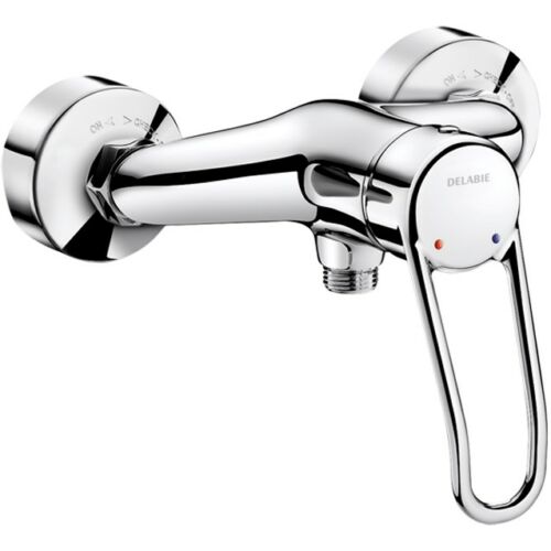 DELABIE SECURITHERM EP nyomáskiegyenlítős forrázásgátló kézi zuhanycsap ergonomikus karral, falon kívüli vízbekötés, STOP/CHECK takarótárcsákkal, 9L/p