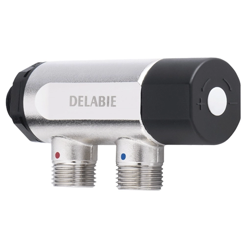 DN20 3/4" termosztatikus keverőszelep DELABIE Premix Compact, szűrőkkel és visszacsapó szelepekkel, 30-60°C, 5-25L/p