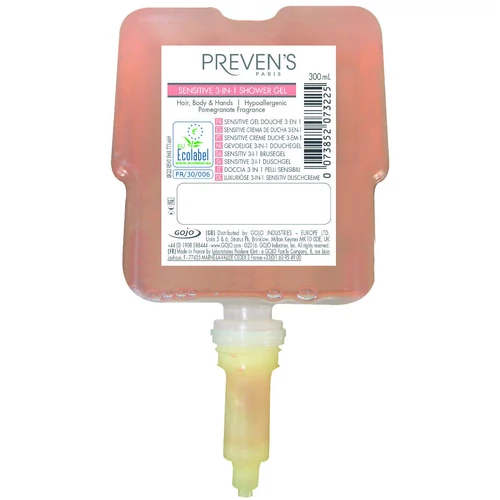 GOJO PREVEN'S PARIS CURVE gránátalma illatú, 3 az 1-ben tusfürdő, sampon és szappan gél utántöltő patron adagolófejjel, ECOLABEL minősítéssel, 300 ml