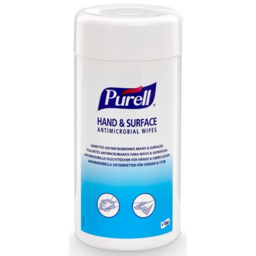 PURELL Hand & Surface Antimicrobial Wipes, 180x200mm kézfertőtlenítő és felületfertőtlenítő kendő, 100db/tégely
