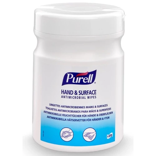 PURELL Hand & Surface Antimicrobial Wipes, 150x170mm kézfertőtlenítő és felületfertőtlenítő kendő, 270db/tégely