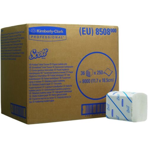 Scott hajtogatott WC papír, 2 réteg, fehér, lapméret 117x186mm, 250lap/csomag, 36 csomag/karton