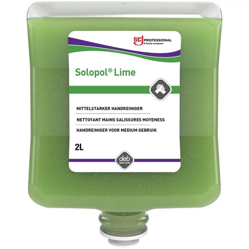 SCJP Solopol Lime Medium-Heavy Duty ipari kézmosó közepesen makacs olajos, zsíros szennyeződésekre, kukoricacsutka őrleménnyel, erős tisztítóhatás: 4/5, Heavy Duty adagolóhoz, 2L patron