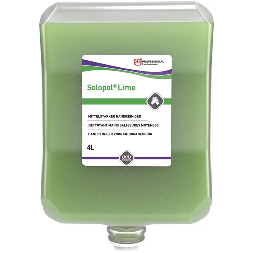 SCJP Solopol Lime Medium-Heavy Duty ipari kézmosó közepesen makacs olajos, zsíros szennyeződésekre, kukoricacsutka őrleménnyel, erős tisztítóhatás: 4/5, Heavy Duty adagolóhoz, 4L patron
